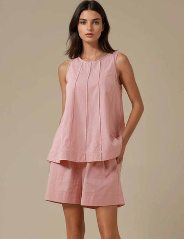 Ladies Solid Color Round Neck Pleated Tank Top & Shorts Set