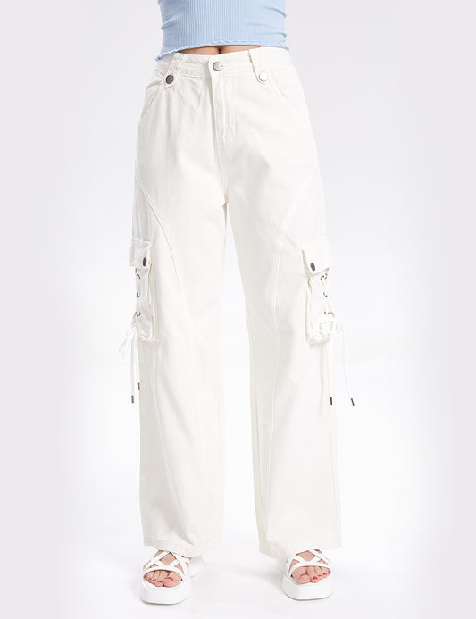 Ladies High Waist Pocket White Jeans SKP314