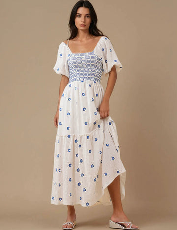 Ladies Color Block Floral Print Short Sleeves Maxi Dress