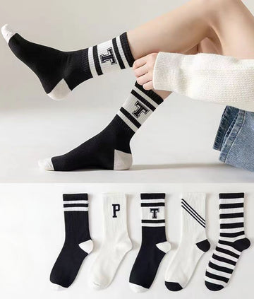 Ladies Color Block Sports Cotton Socks 5 Pairs/Pack SKASC4162