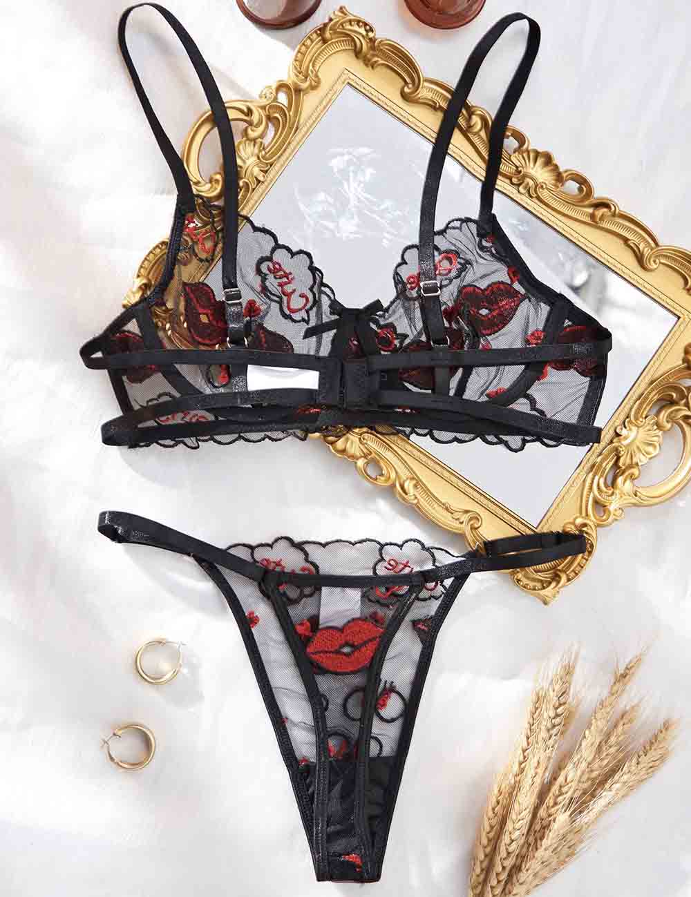 Ladies Red Lip Embroidery See Through 2PCS Lingerie Set 8HF4146