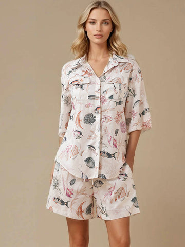 Ladies Turn Down Collar Short Sleeves Top & Shorts Set