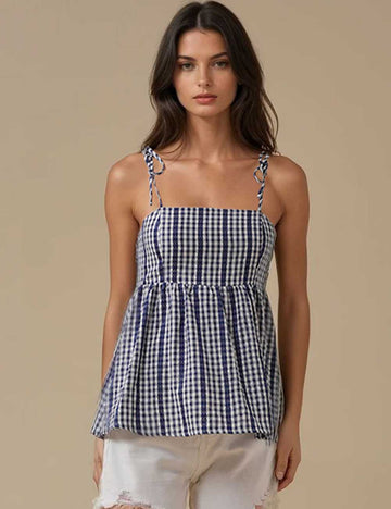 Ladies Color Block Checked Smocking String Tie Cami Top