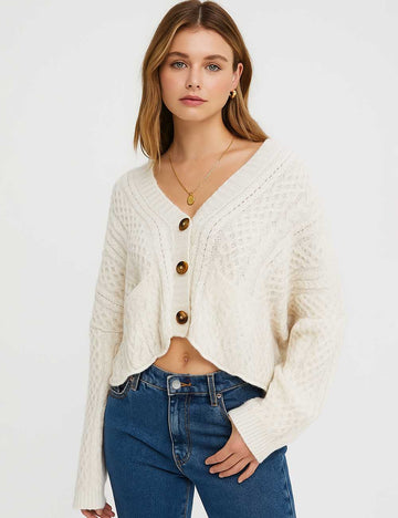 Ladies V-Neck Button Front Long Sleeves Cropped Knit Cardigan