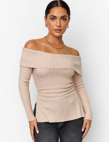 Ladies Solid Color Off Shoulder Knit Tee G2056