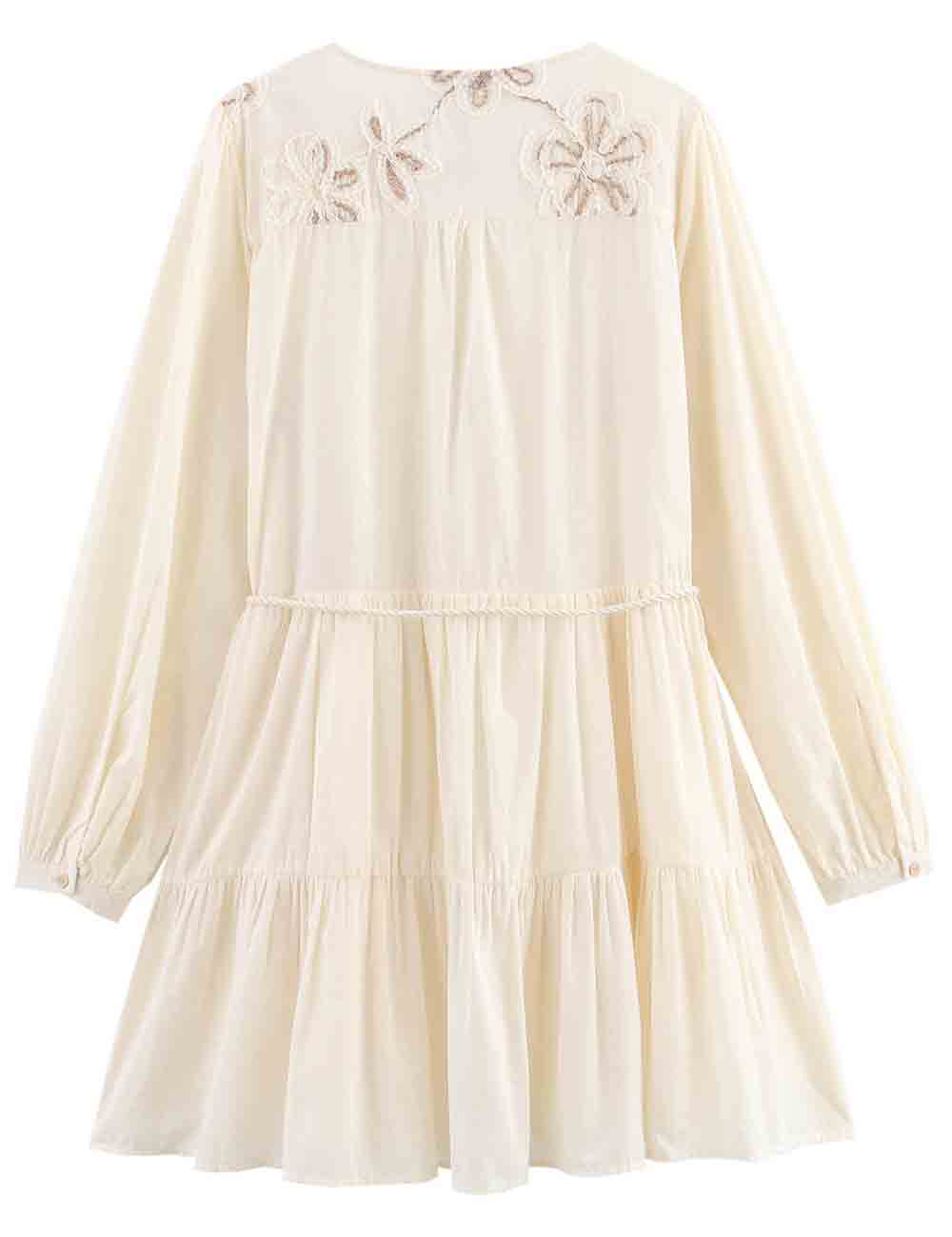 Ladies V-Neck Floral Embroidery Gathering Tie Waist Mini Dress