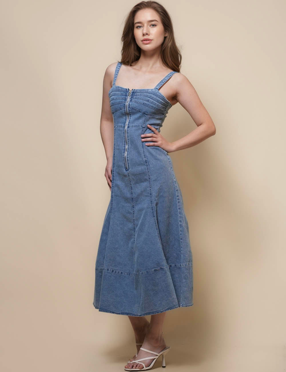 Ladies Zip Open Sleeveless Denim Midi Dress SKD50009