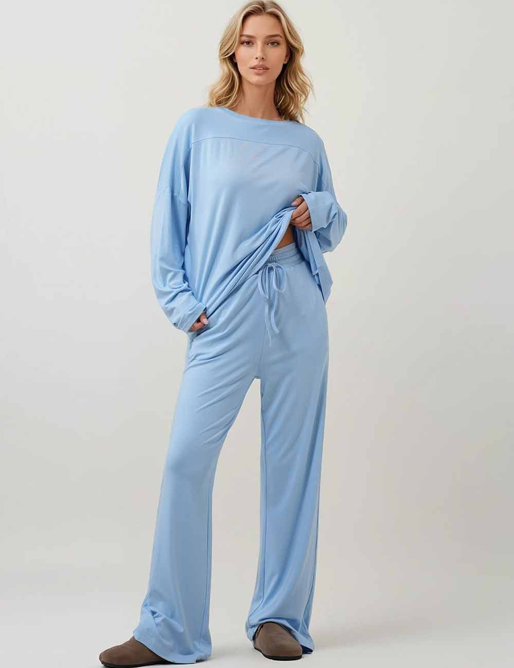 Ladies Round Neck Loungewear Solid Color Long Sleeves Top & Pants Set