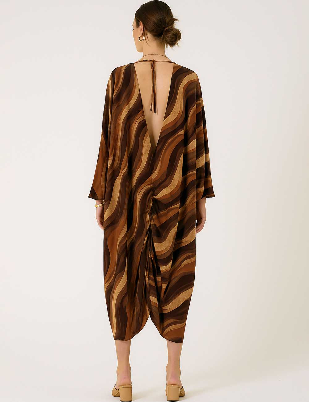 Ladies Wave Print Kaftan Back Deep V Maxi Dress