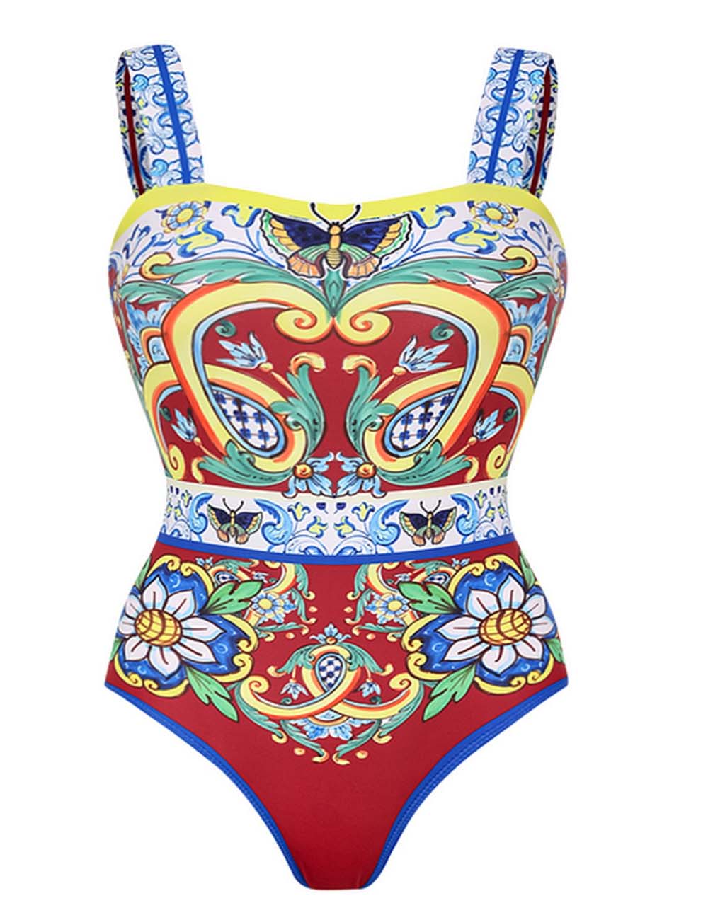 Ladies String Shoulder Print One Piece Swimwear with Salong