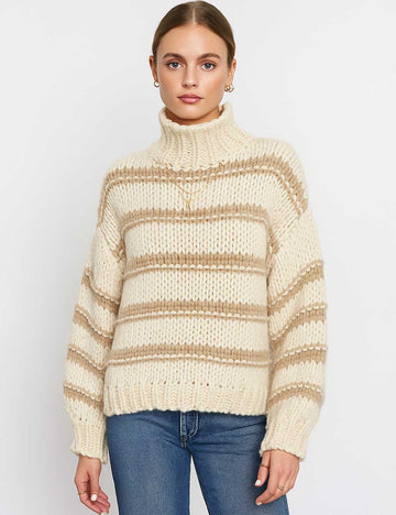 Ladies Chunky Knit Striped Color Block Mock Neck Sweater