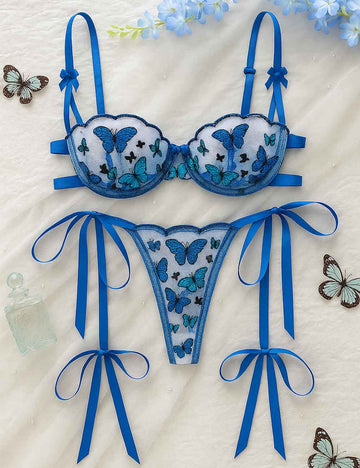 Ladies Sexy Butterfly Embroidery Tie Side Thong Lingerie Set