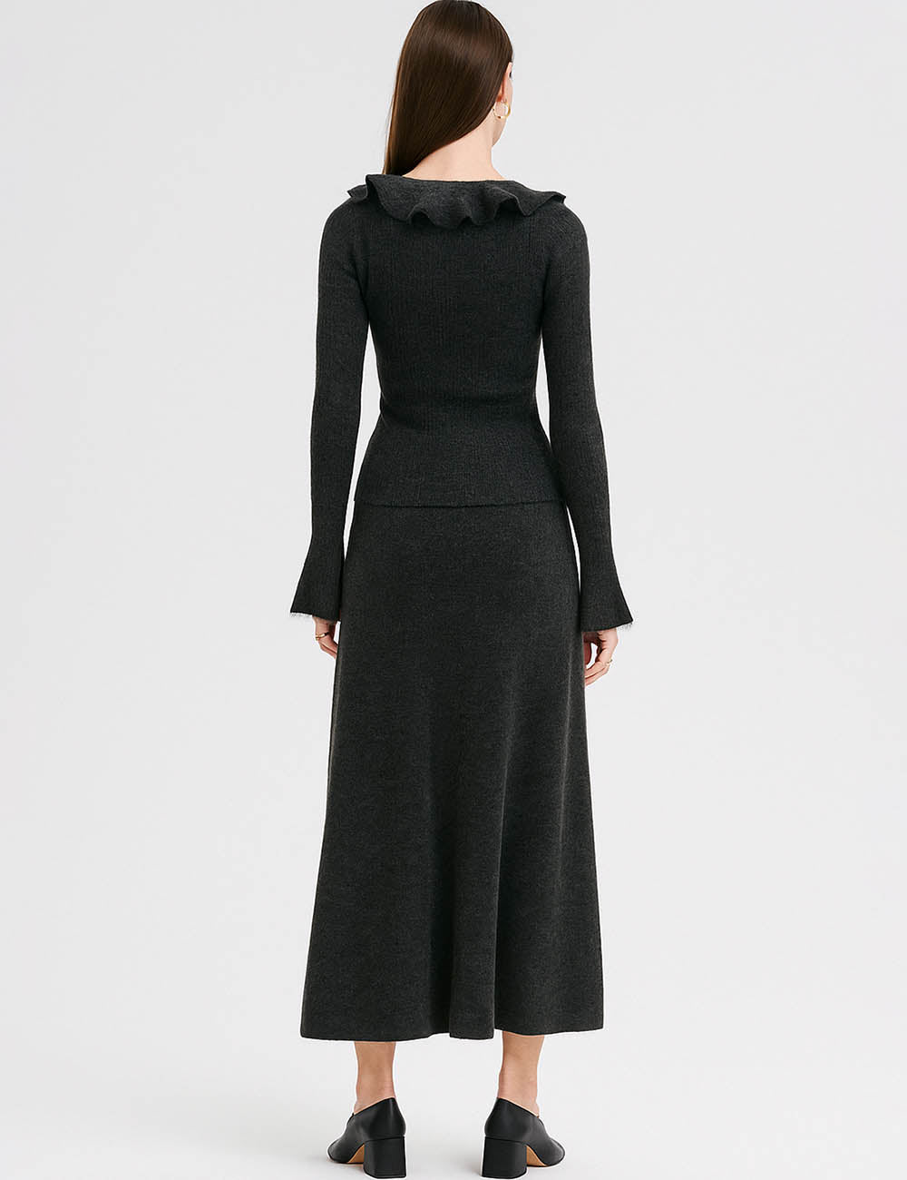 Ladies Solid Color Ruffle Trim Knit Top & Midi Skirt Set