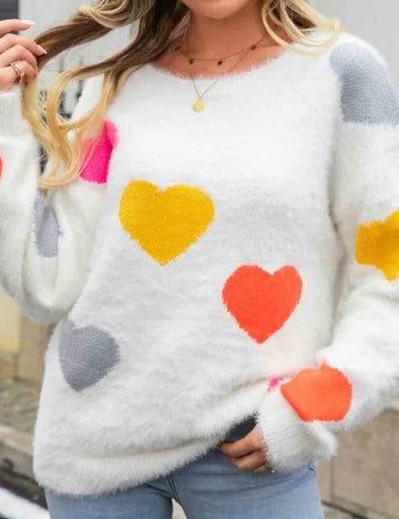Ladies Multi Color Heart Print Round Collar Knit Sweater