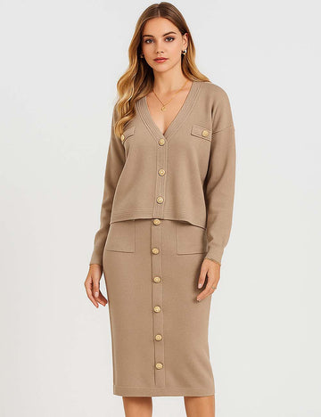 Ladies Solid Color V-Neck Knit Top & Skirt Set