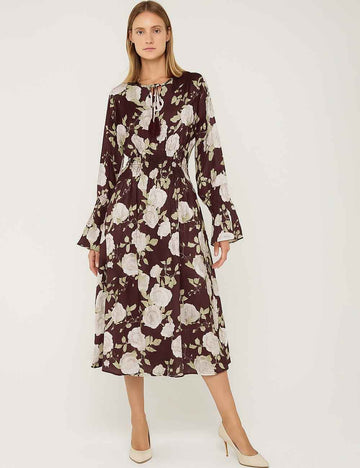 Ladies Floral Print Smocked Bell Long Sleeves Maxi Dress