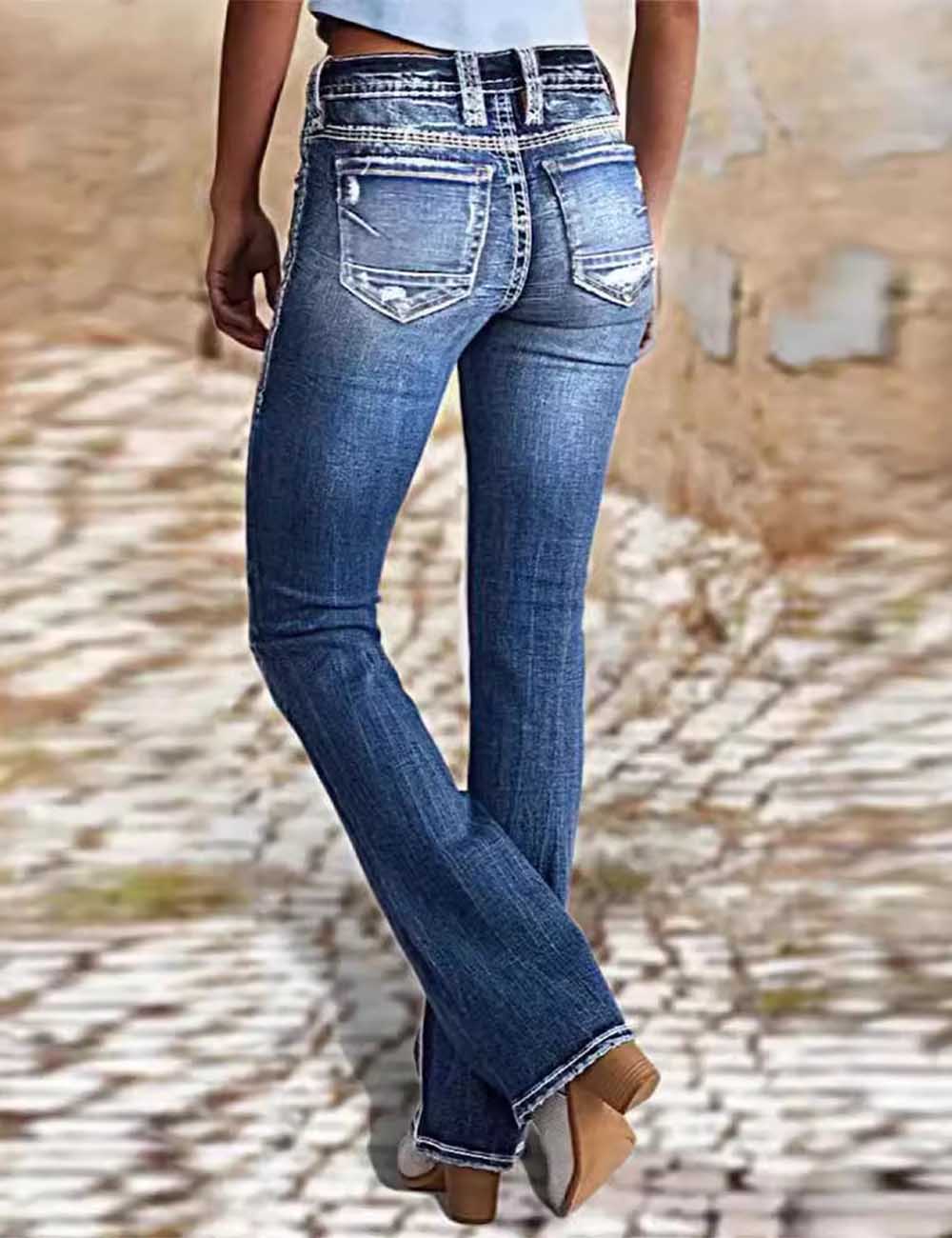 Ladies Button Pocket Flared Leg Denim Pants