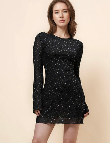 Ladies Mesh Rhinestone Backless Mini Dress SKD4970