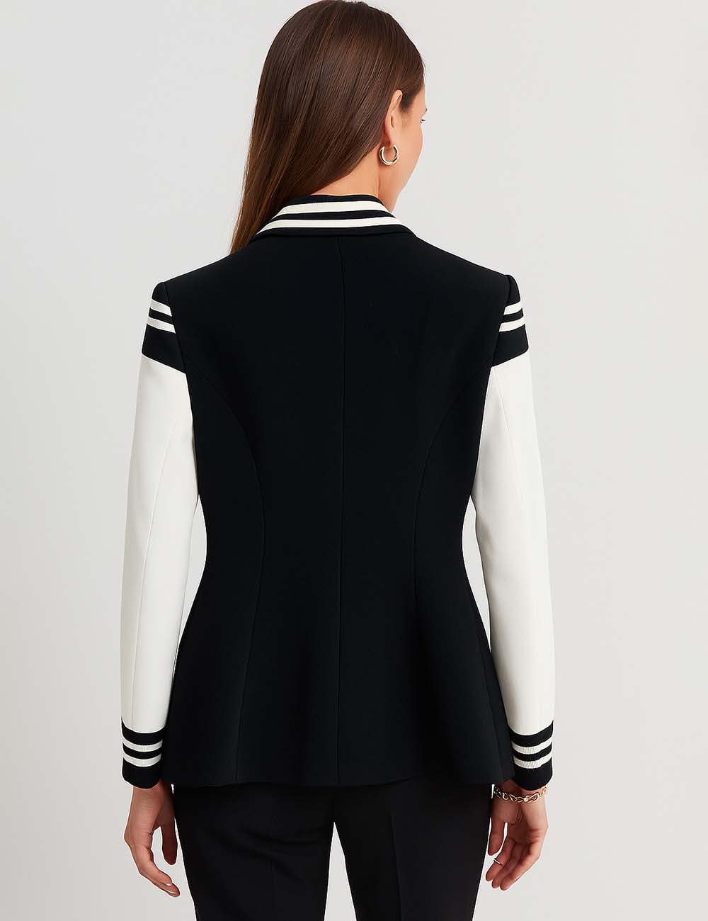 Ladies Color Block Patchwork PU Double Breast Long Blazer