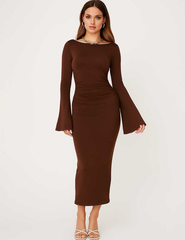 Ladies Round Neck Flared Sleeves Hip Wrap Split Maxi Dress