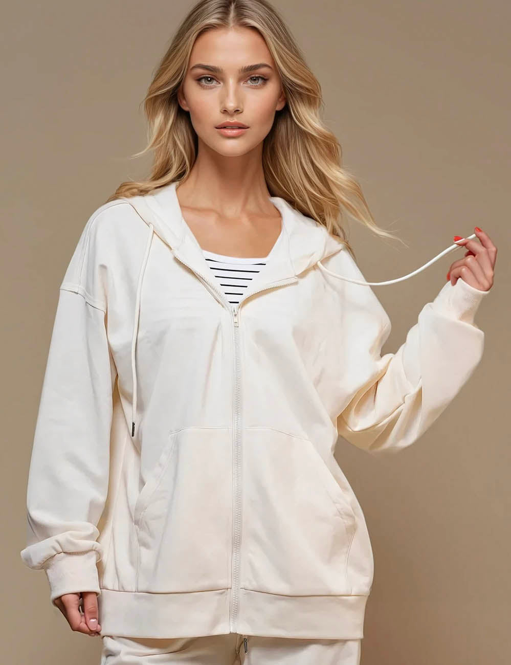 Women Zip Open Hooded Long Sleeves Hoodie SKT50785