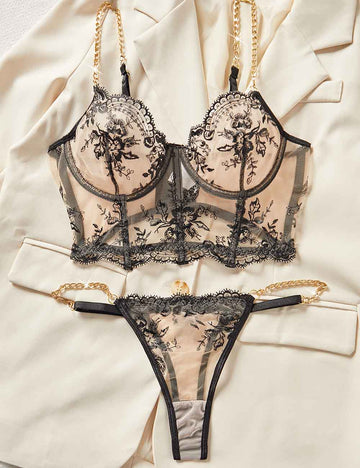 Ladies Sexy Sheer Floral Embroidery Chain Strap Lingerie Set