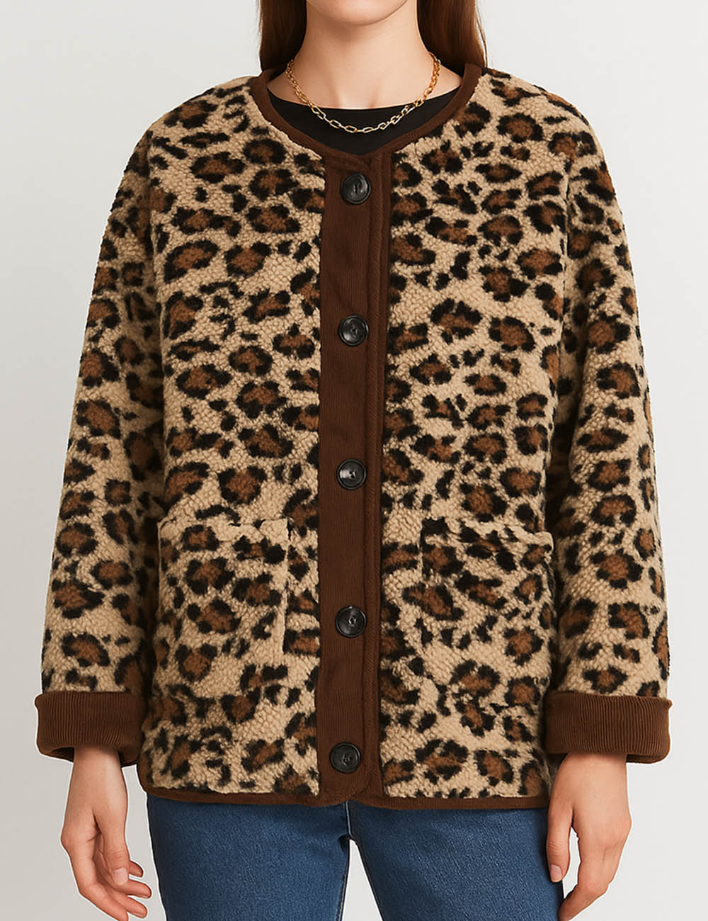Ladies Polar Fleece Leopard Botton Jacket A34397