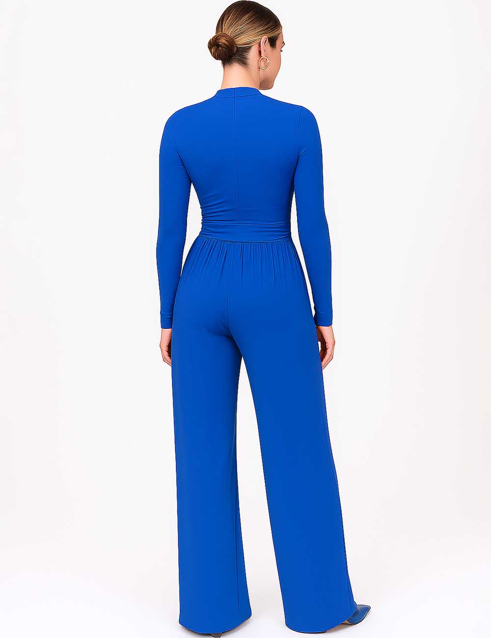 Ladies Ruched Mock Neck Wide Leg Jumpsuit