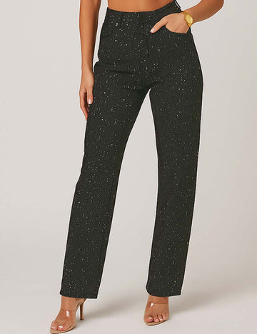 Ladies Rhinestone Button Front Straight Leg Denim Pants