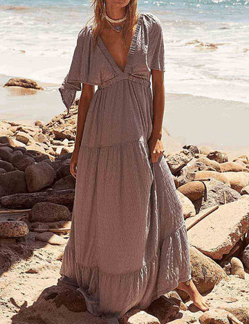 Ladies Everyday Solid Color V-Neck Backless Maxi Dress SKD153
