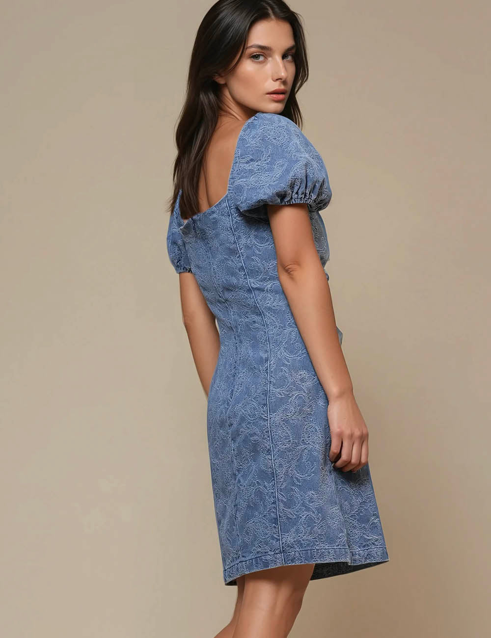 Ladies Square Neck Bubble Sleeves Denim Mini Dress SKD50007