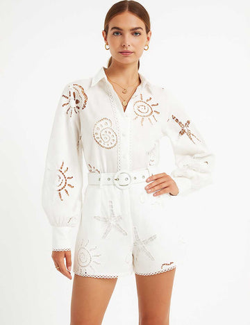 Ladies Embroidery Eyelet Hollow Button Down Shirt & Shorts Set