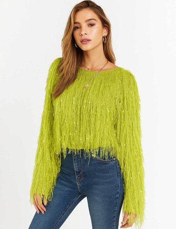 Ladies Solid Color Tassels Long Sleeves Sweater Top