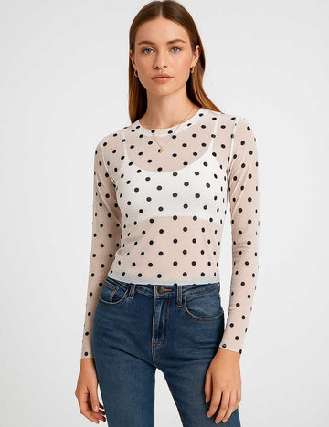 Ladies Round Neck See Sheer Polka Dot Layring Top SKT50700