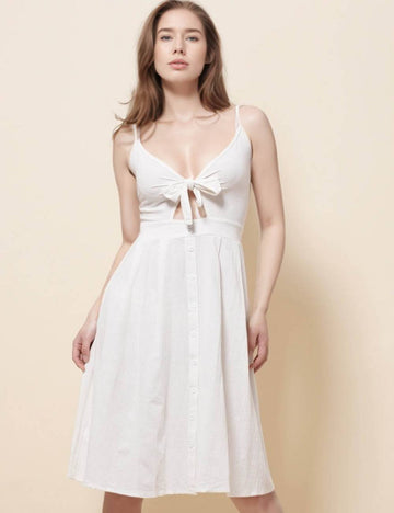 Ladies V-Neck String Shoulder Button Midi Dress SKD51269