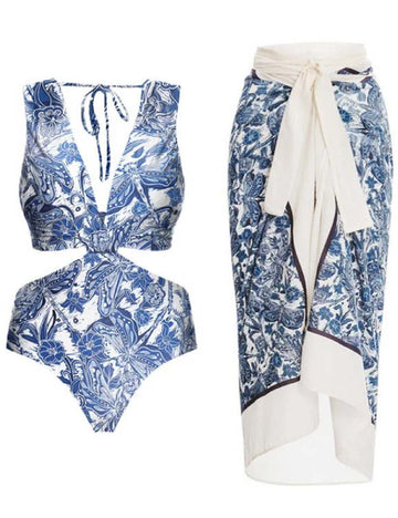 Ladies V-Neck Back Open One Piece Swimwear with Salong