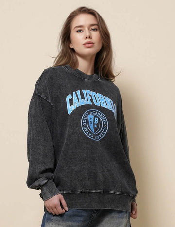 Ladies Washed Black Letter Long Sleeves Sweatshirt SKT51233