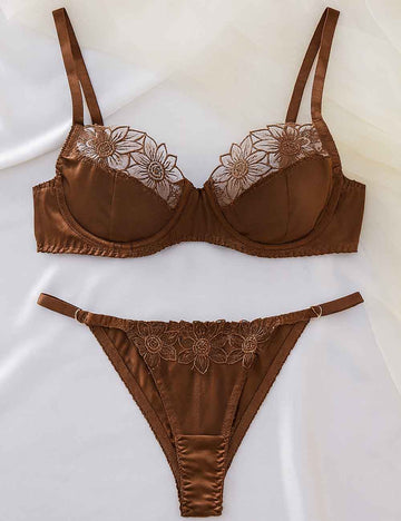 Ladies Satin Floral Embroidery Underwire Lingerie Set