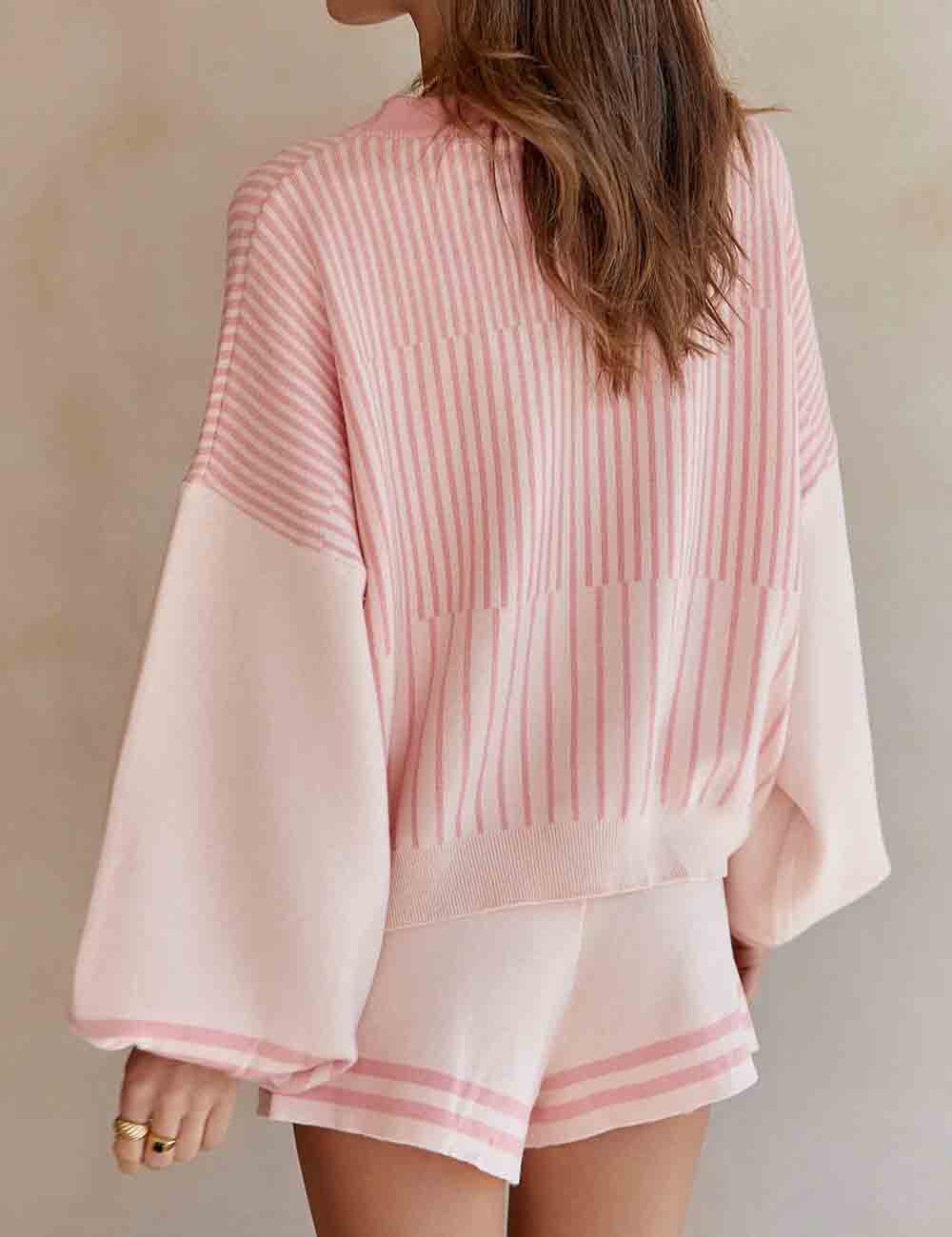 Ladies Color Block Striped Print Knit Top & Shorts Set