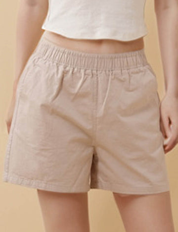 Ladies Solid Color Elastic Waist Pocket Shorts