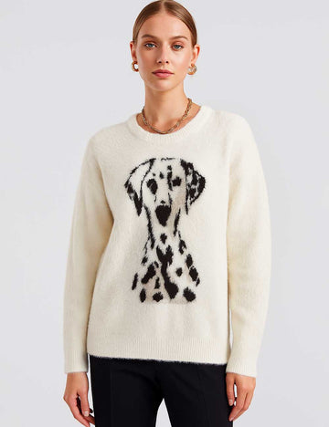 Ladies Color Block Pullover Spotted Dog Pattern Long Sleeves Sweater