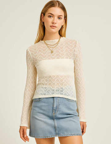 SKTKX13 Women Round Neck Long Sleeves Sheer Top