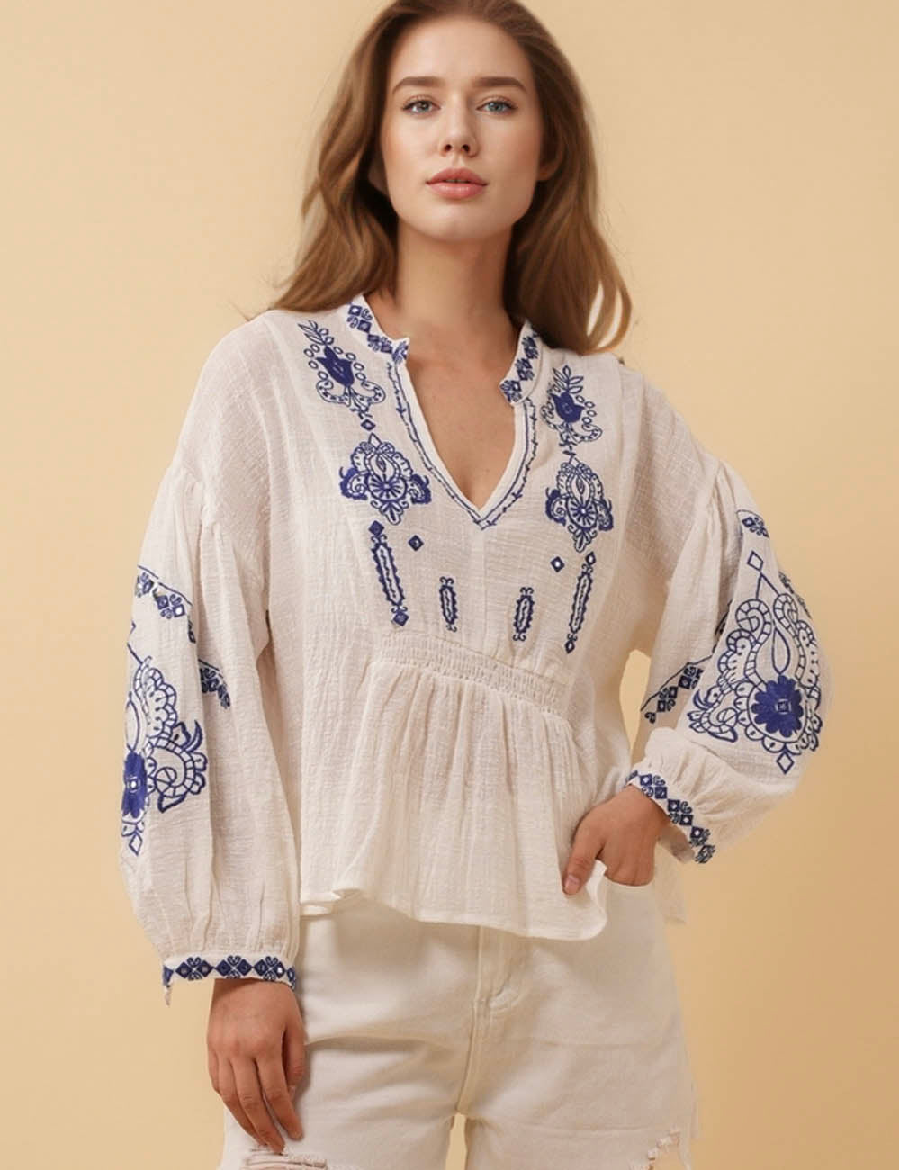 Ladies V-Neck Puff Sleeves Floral Embroidery Blouse 8SKT50726