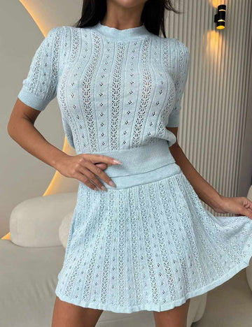 Ladies Solid Color Round Neck Eyelets Knit Top & Skirt Set