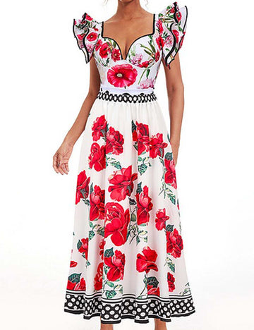 Ladies V-Neck Floral Print One Piece Swimwear with Salong