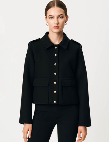 Ladies Lapel Collar Long Sleeves Shoulder Epaulette Cropped Jacket
