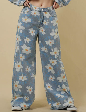 Ladies Floral Print Stright Leg Denim Pants SKP50059