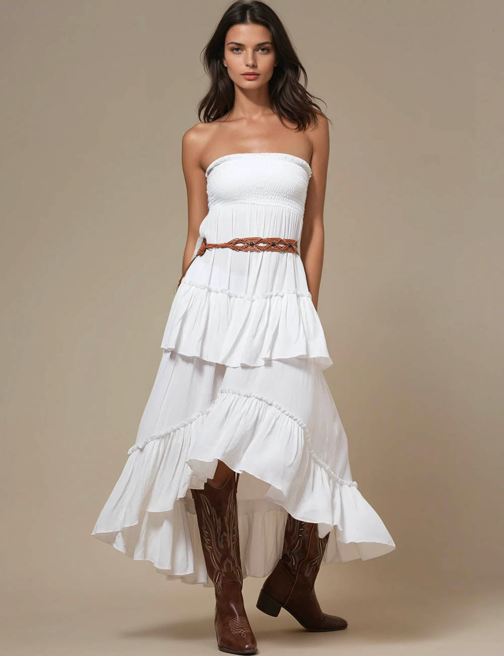 Ladies Solid Color Smocking Midi Dress / Maxi Skirt SKD51075