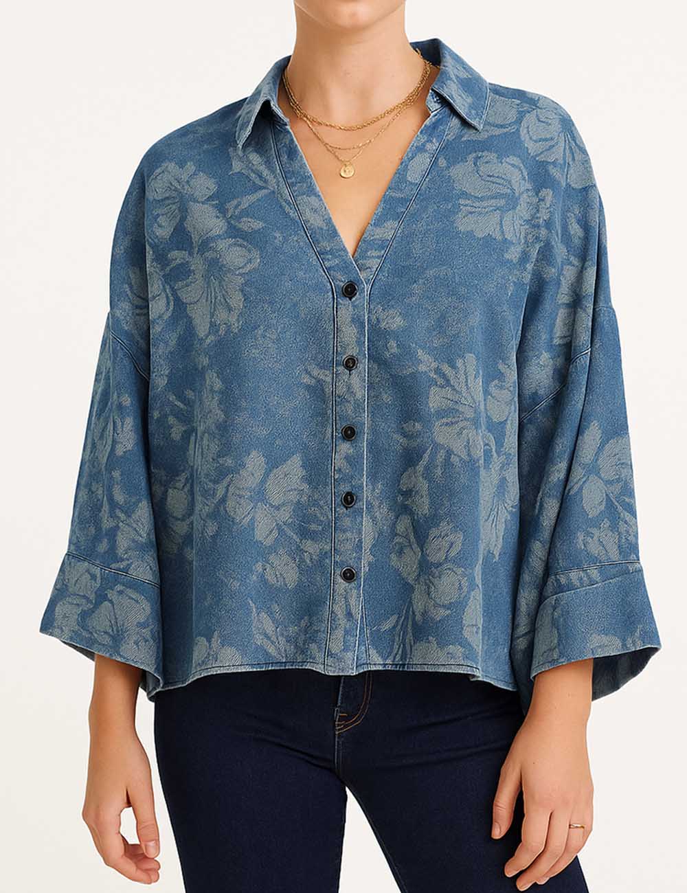 Ladies Floral Print Button Down Bell Sleeves Denim Shirt