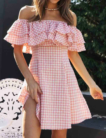 Ladies Off-Shoulder Plaid Print Pink Mini Dress SKD51288
